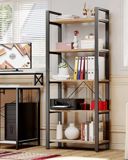 IRONCK Bookshelf 5-Tier Ladder Shelf 110lbs/shelf Vintage Industrial Style Bookcase for Home Decor, Office Decor - LeafyLoom