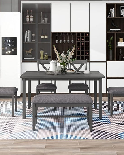 Wooden Rectangular, 4 Fabric Chairs, and Bench Family Furniture, for Playroom, Living Room, Home Bar, and Kitchen, 6 Piece Dining Table Set, Gray 13 - LeafyLoom