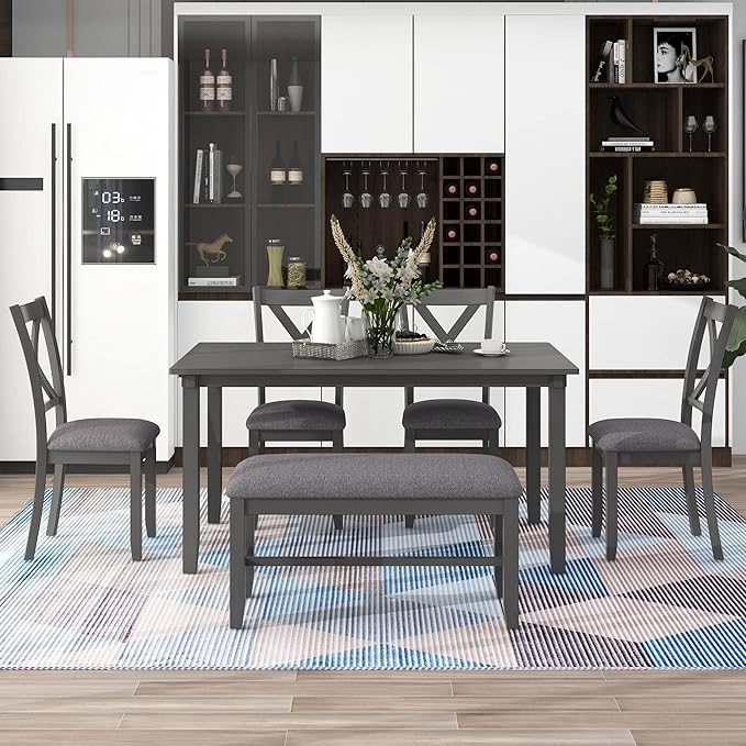 Wooden Rectangular, 4 Fabric Chairs, and Bench Family Furniture, for Playroom, Living Room, Home Bar, and Kitchen, 6 Piece Dining Table Set, Gray 13 - LeafyLoom