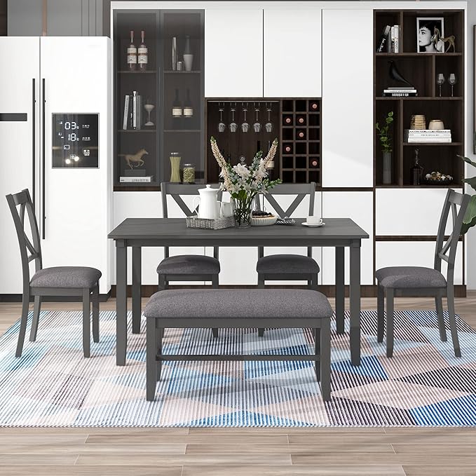 Piece Rustic Farmhouse Dining 6, Wooden Rectangular Kitchen Table with 4 Fabric Chairs and Bench, Ideal Family Furniture Set, Gray, 7 - LeafyLoom