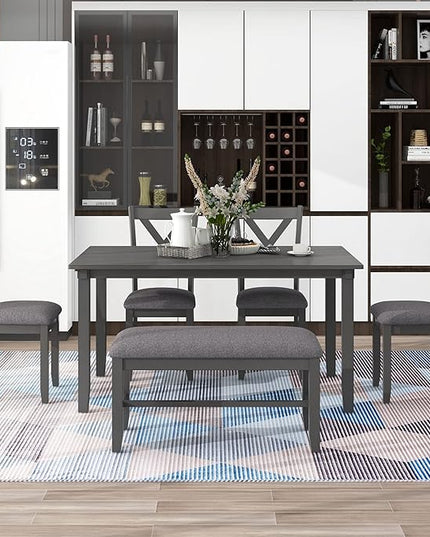 Dining Table Set for 6, Wood Rectangular Dining Table and 4 Fabric Chairs & Bench, 6-Piece Kitchen Table Set for Dining Room and Living Room, Charcoal Grey - LeafyLoom
