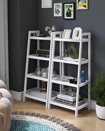 SMIBUY Ladder Shelf, 4 Tier Bamboo Bookshelf, Bathroom Storage Organizer Plant Display Stand, Freestanding Open Shelving Unit with Handles for Home Office (White) - LeafyLoom