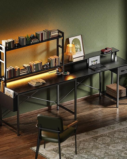 L Shaped Desk Gaming Desk with LED Lights & Power Outlets, Computer Desk with Storage Shelves, Corner Desk Home Office Desks for Bedroom, Black - LeafyLoom