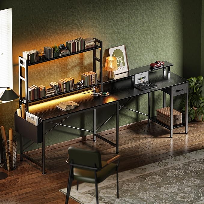 L Shaped Desk Gaming Desk with LED Lights & Power Outlets, Computer Desk with Storage Shelves, Corner Desk Home Office Desks for Bedroom, Black - LeafyLoom
