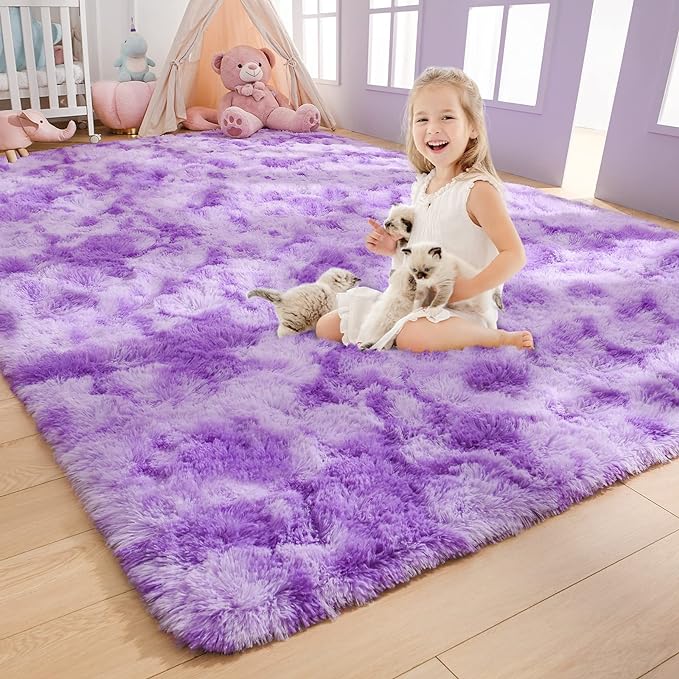 AROGAN Soft Rainbow Area Rugs for Girls Room 5x8 Feet, Fluffy Girls Bedroom Rugs, Princess Rug, Cute Colorful Carpet for Kids Teens Nursery Toddler （Purple） - LeafyLoom