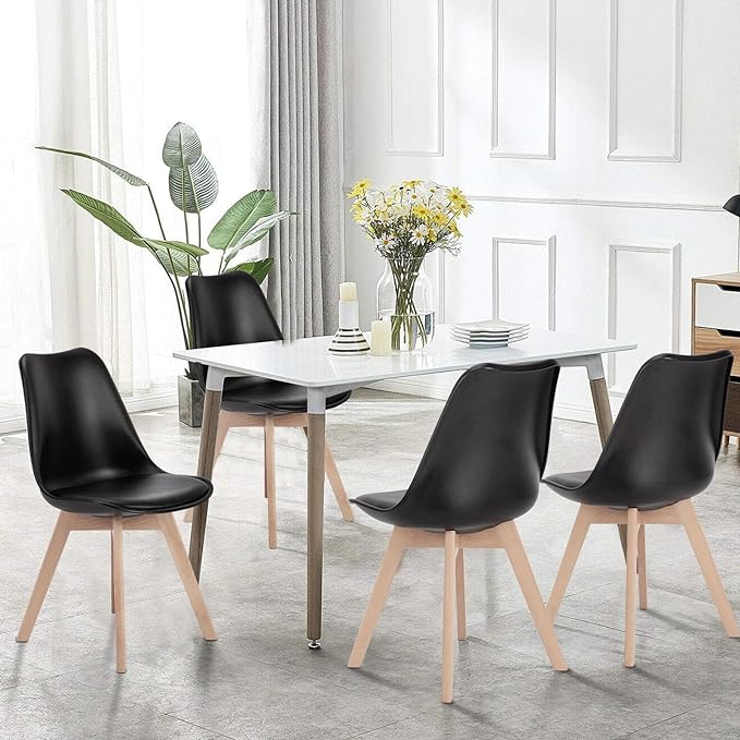 Sweetrcrispy Dining Chairs Set of 4, Kitchen Room PU Leather Mid Century Modern Chairs, Upholstered Dining Desk Chairs with Wood Legs for Home Office, Black - LeafyLoom