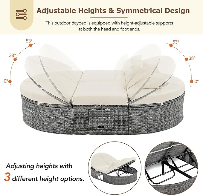 Outdoor DayBed Patio 2-Person Rattan Sun Bed Reclining Chaise Lounge with Adjustable Backrests, Foldable Cup Trays and Pillows, for Lawn,Poolside, Beige - LeafyLoom