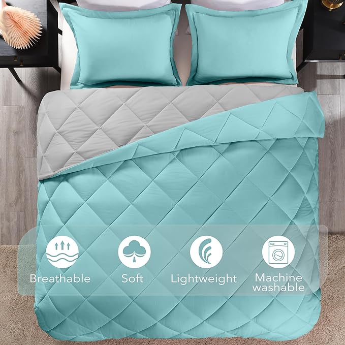 downluxe Twin Comforter Set - Turquoise and Grey Twin Comforter, Soft Bedding Sets for All Seasons -2 Pieces - 1 Comforter (66"x92") and 1 Pillow Sham(20"x26") - LeafyLoom