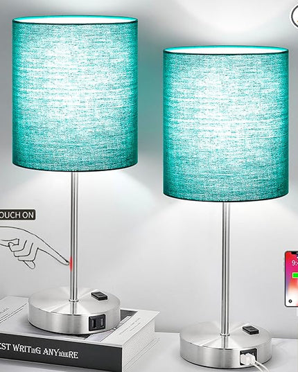 𝟮𝟬𝟮𝟯 𝗡𝗘𝗪 Green Touch Table Lamps Set of 2 with 2 USB & AC Outlet, 3-Way Dimmable Bedside Nightstand Lamps for Bedroom lamps Living Room Nursery, 800 Lumens 5000K Daylight Bulbs Included - LeafyLoom