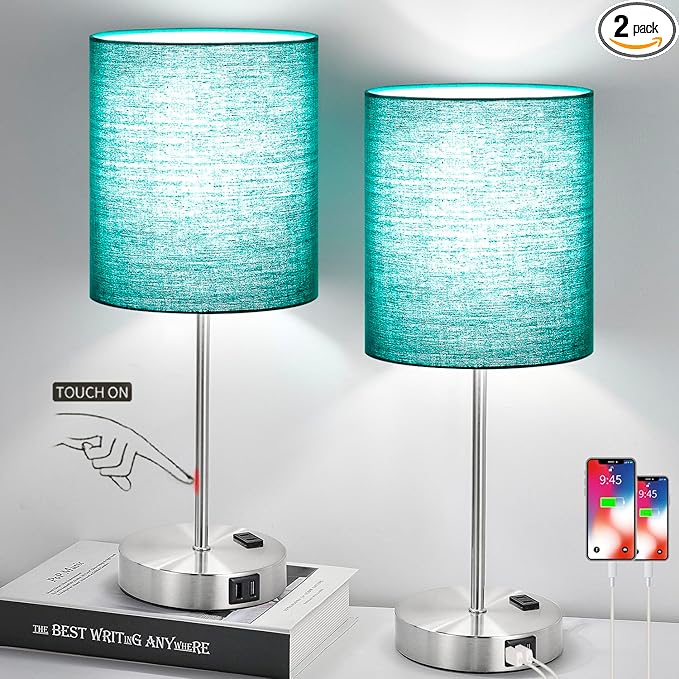 𝟮𝟬𝟮𝟯 𝗡𝗘𝗪 Green Touch Table Lamps Set of 2 with 2 USB & AC Outlet, 3-Way Dimmable Bedside Nightstand Lamps for Bedroom lamps Living Room Nursery, 800 Lumens 5000K Daylight Bulbs Included - LeafyLoom