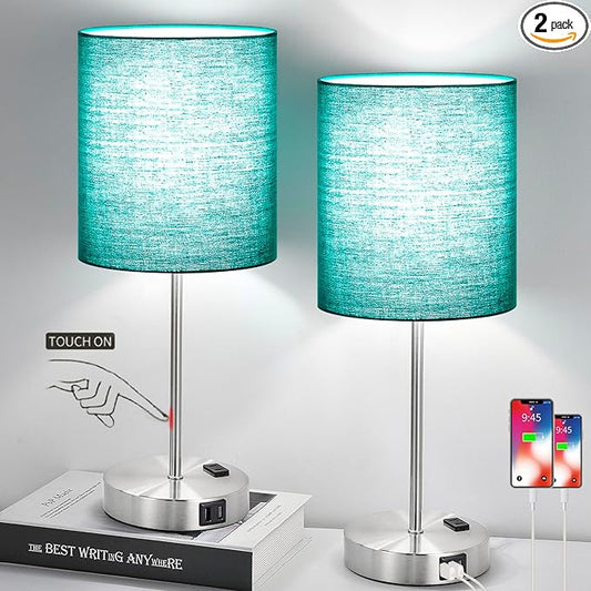 𝟮𝟬𝟮𝟯 𝗡𝗘𝗪 Green Touch Table Lamps Set of 2 with 2 USB & AC Outlet, 3-Way Dimmable Bedside Nightstand Lamps for Bedroom lamps Living Room Nursery, 800 Lumens 5000K Daylight Bulbs Included - LeafyLoom