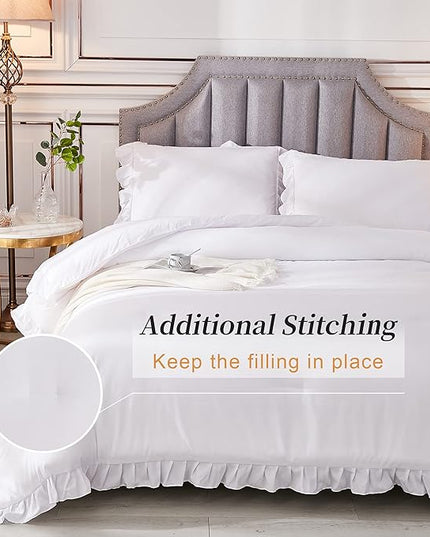 Andency White Comforter Full Size, 3 Pieces Solid Farmhouse Shabby Chic Ruffle Bedding Sets, All Season Soft Lightweight Comfy Down Alternative Bed Set for Girls Teens Men Women - LeafyLoom