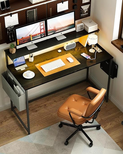 Yoobure Computer Desk with Power Outlets Fast Charging Type-C Included, Gaming Desk with LED Lights, 47" Office Desk with Adjustable Monitor Stand, Small Desk Home Office Desks with Storage Bag & Hook - LeafyLoom