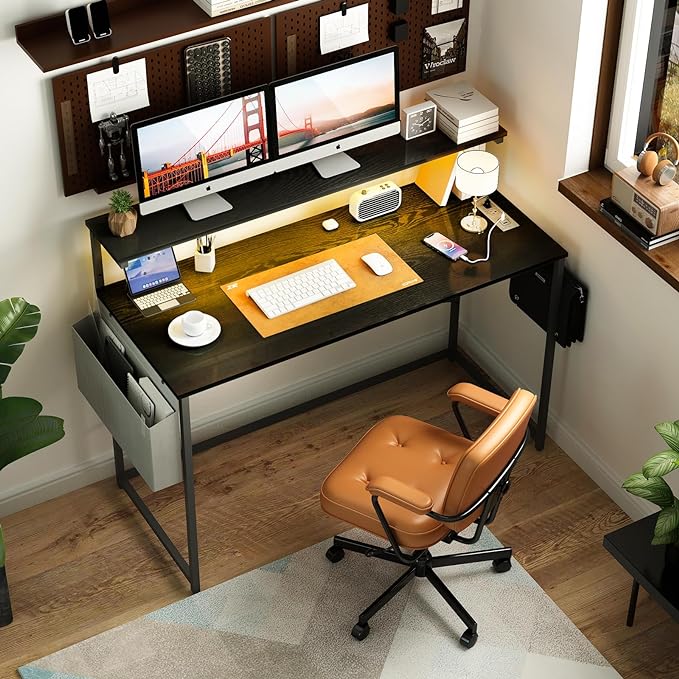 Yoobure Computer Desk with Power Outlets Fast Charging Type-C Included, Gaming Desk with LED Lights, 47" Office Desk with Adjustable Monitor Stand, Small Desk Home Office Desks with Storage Bag & Hook - LeafyLoom