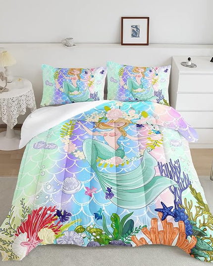 CVHOUSE Mermaid Comforter Set,Ocean Sea Mermaid Bedding Set for Girls Kids Teens,Mermaid Comforter Butterflies Duvet Set Room Decor Quilt Set Full Size - LeafyLoom