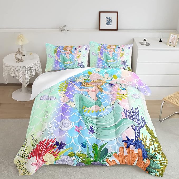 CVHOUSE Mermaid Comforter Set,Ocean Sea Mermaid Bedding Set for Girls Kids Teens,Mermaid Comforter Butterflies Duvet Set Room Decor Quilt Set Full Size - LeafyLoom