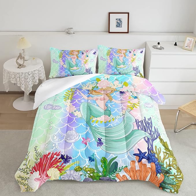 CVHOUSE Mermaid Comforter Set,Ocean Sea Mermaid Bedding Set for Girls Kids Teens,Mermaid Comforter Butterflies Duvet Set Room Decor Quilt Set Twin Size - LeafyLoom