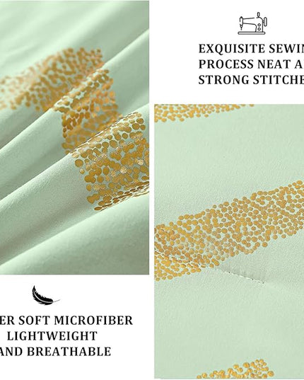 Sage Green/Gold Comforter Set Queen, Metallic Print Glitter Bedding Set Cute Shinny Bed Sets for Teen Girls Kids Women, 4 Piece (2 Pillowcases, 1 Decorative Pillow Sham) - LeafyLoom