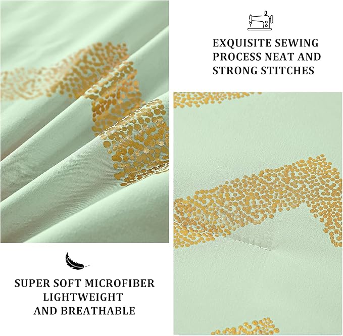 Sage Green/Gold Comforter Set Queen, Metallic Print Glitter Bedding Set Cute Shinny Bed Sets for Teen Girls Kids Women, 4 Piece (2 Pillowcases, 1 Decorative Pillow Sham) - LeafyLoom