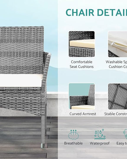 Patio Furniture, 4 Piece Conversation Set, Outdoor Wicker Rattan Table and Chairs, Sectional Sofa with Thick Cushion for Garden, Yard, or Porch, Grey - LeafyLoom