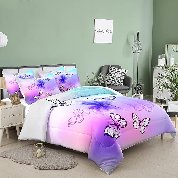 Tailor Shop Purple Butterfly Kids Full Size Comforter Sets Pink Butterfly Bedding Set for Girls Teens Tie Dye Butterflies Comforter Set Room Decor Set with 1 Comforter and 2 Pillowcase… - LeafyLoom