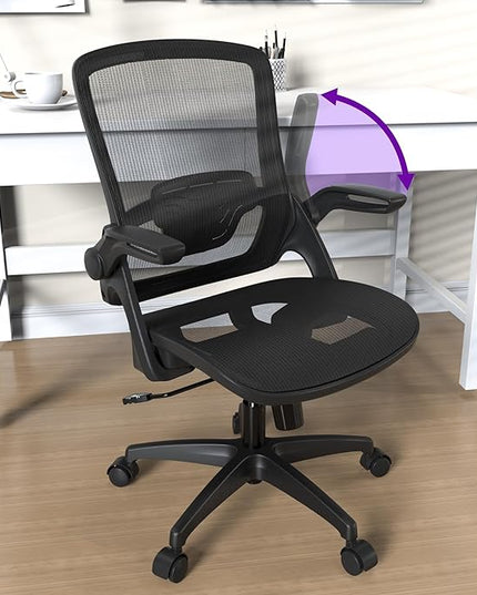 Ergonomic Mesh Seat Home Office Computer Desk Chair Height Adjustable Lumbar Support with Flip Up Arms Swivel Wheels for Adult, black - LeafyLoom