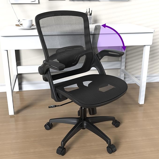 Ergonomic Mesh Seat Home Office Computer Desk Chair Height Adjustable Lumbar Support with Flip Up Arms Swivel Wheels for Adult, black - LeafyLoom
