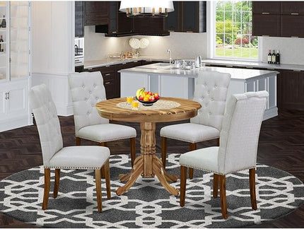 East West Furniture ANEL5-ANA-05 Antique 5 Piece Kitchen Set for 4 Includes a Round Dining Room Table with Pedestal and 4 Grey Linen Fabric Upholstered Parson Chairs, 36x36 Inch - LeafyLoom