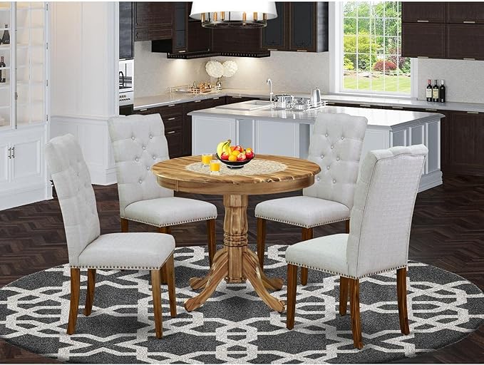 East West Furniture ANEL5-ANA-05 Antique 5 Piece Kitchen Set for 4 Includes a Round Dining Room Table with Pedestal and 4 Grey Linen Fabric Upholstered Parson Chairs, 36x36 Inch - LeafyLoom