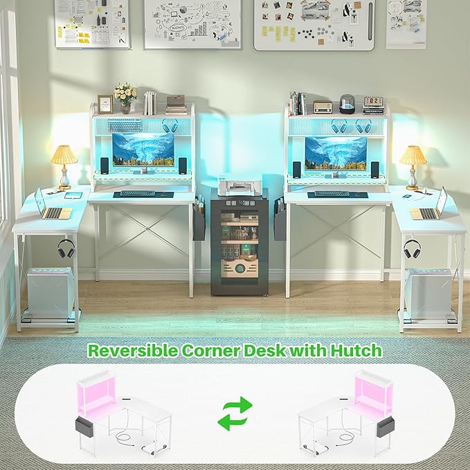 Small L Shaped Gaming Desk with Power Outlets, Corner Gaming Desk with LED Light, Reversible L-Shaped Desk with Monitor Stand & Hutch, L Shaped Desk Home Office Desk with Storage Bag, White - LeafyLoom