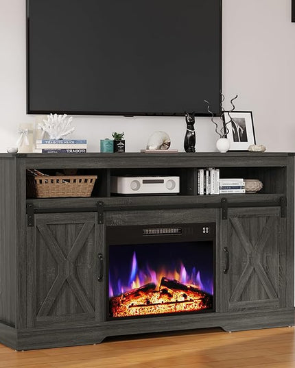 Farmhouse Fireplace TV Stand for 65+ Inch TV, Entertainment Center with 23" Electric Fireplace with Remote, Modern Rustic TV Console with Sliding Bar Door for Living Room, Dark Grey - LeafyLoom