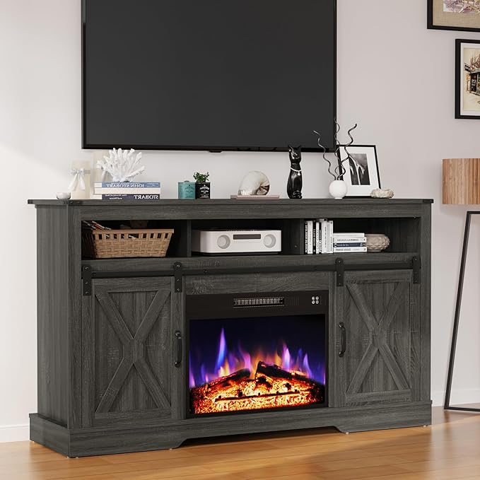 Farmhouse Fireplace TV Stand for 65+ Inch TV, Entertainment Center with 23" Electric Fireplace with Remote, Modern Rustic TV Console with Sliding Bar Door for Living Room, Dark Grey - LeafyLoom