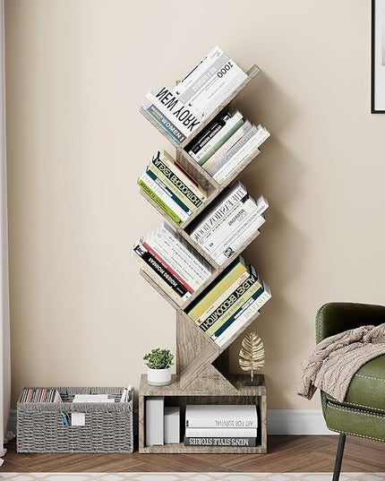 Vagusicc 6 Tier Tree Bookshelf, Modern Floor Standing Bookcase with Storage Drawer, Tall Wood Book Storage Rack for CDs/Books, Utility Book Organizer Shelves for Bedroom/Living Room/Home Office/Corner - LeafyLoom
