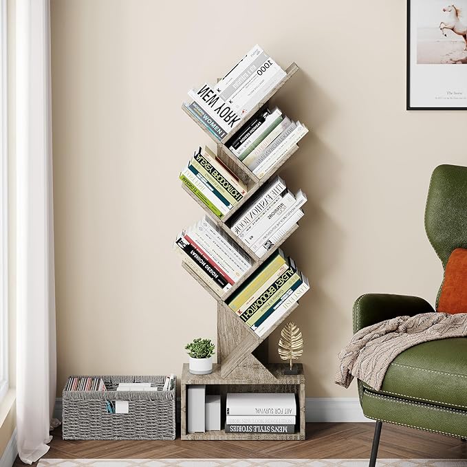 Vagusicc 6 Tier Tree Bookshelf, Modern Floor Standing Bookcase with Storage Drawer, Tall Wood Book Storage Rack for CDs/Books, Utility Book Organizer Shelves for Bedroom/Living Room/Home Office/Corner - LeafyLoom