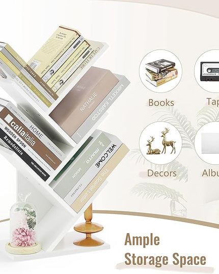 Hoctieon 4 Tier Tree Bookshelf, Small Bookcase, Free Standing Tree Bookcase, Bookshelf for Bedroom, Book Shelf Organizer, Small Bookshelf, White - LeafyLoom
