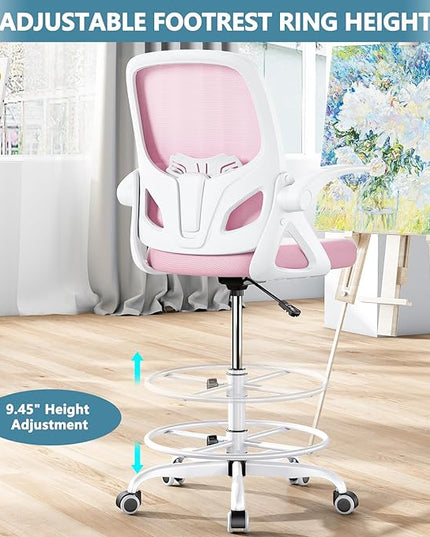 Drafting Chair Tall Office Chair for Standing Desk Adjustable Tall Desk Chair with Footrest Ring and Lumbar Support Ergonomic Computer Chair with Flip-up Armrests (Pink) - LeafyLoom