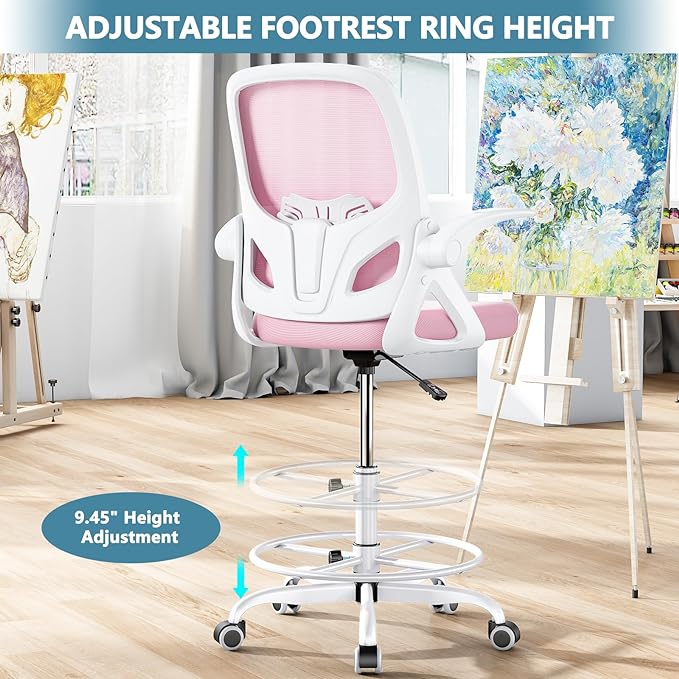 Drafting Chair Tall Office Chair for Standing Desk Adjustable Tall Desk Chair with Footrest Ring and Lumbar Support Ergonomic Computer Chair with Flip-up Armrests (Pink) - LeafyLoom