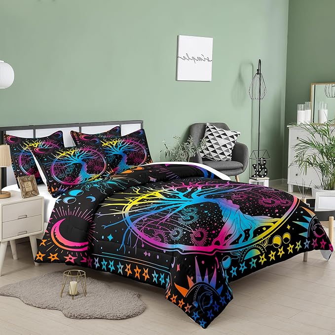 NINENINE Tree of Life Bedding Sets Queen Sun and Moon Comforter Set,Gothic Bohemian Comforter Set for Kids Boys Girls,Galaxy Stars Mandala Tribal Bed Set with 1 Comforter 2Pillowcases… - LeafyLoom