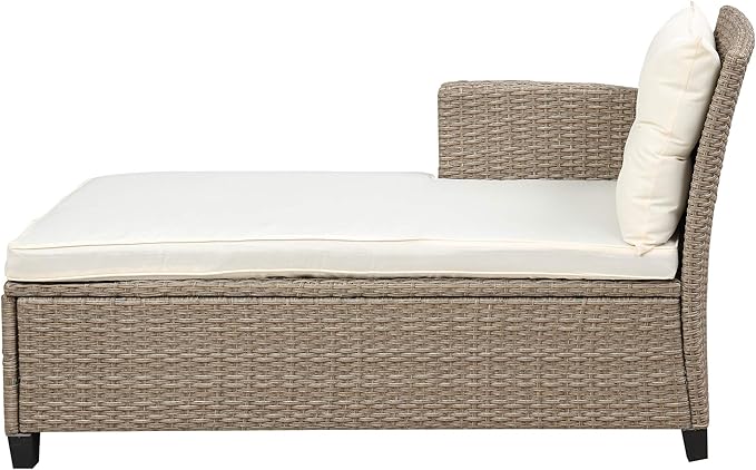 4-Piece Outdoor Rattan Sofa Sets, Patio Furniture Conversation Sectional Couch with Chaise Lounge, Single Sofachair, Seat Cushions and Glass Table, for Garden Backyard Deck, Onesize, Beige - LeafyLoom