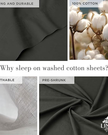 Linen Home Washed Cotton Percale Twin Sheet Set, Charcoal, Deep Pocket, 3 Pieces Bed Sheets - 1 Flat Sheet, 1 Fitted Sheet & 1 Envelope Closure Pillowcase, Cool and Comfortable Bed Linen - LeafyLoom