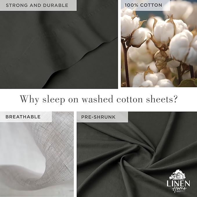 Linen Home Washed Cotton Percale Twin Sheet Set, Charcoal, Deep Pocket, 3 Pieces Bed Sheets - 1 Flat Sheet, 1 Fitted Sheet & 1 Envelope Closure Pillowcase, Cool and Comfortable Bed Linen - LeafyLoom