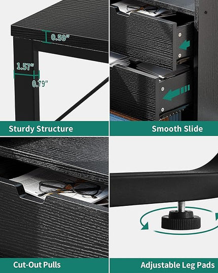 DWVO L Shaped Desk with Drawers, 55" Corner Computer Desk with Bookshelf & Power Outlets & LED Lights, Home Office Desk with Storage Shelves, Black - LeafyLoom