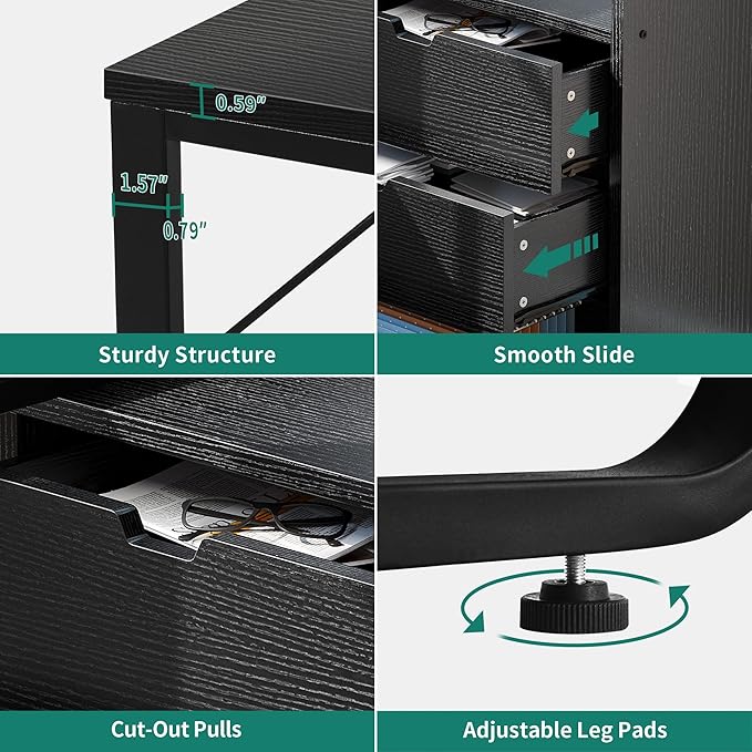 DWVO L Shaped Desk with Drawers, 55" Corner Computer Desk with Bookshelf & Power Outlets & LED Lights, Home Office Desk with Storage Shelves, Black - LeafyLoom