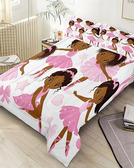 Full Bedding Sets for Girls, African American Magic Comforter Set with Ballet Dancer, Pink Bed Set for Kids Teens, Little Girls Bedroom Decor - LeafyLoom