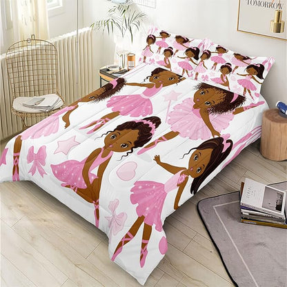 Twin Bedding Sets for Girls, African American Magic Comforter Set with Ballet Dancer, Pink Bed Set for Toddler Kids Teens, Little Girls Bedroom Decor - LeafyLoom