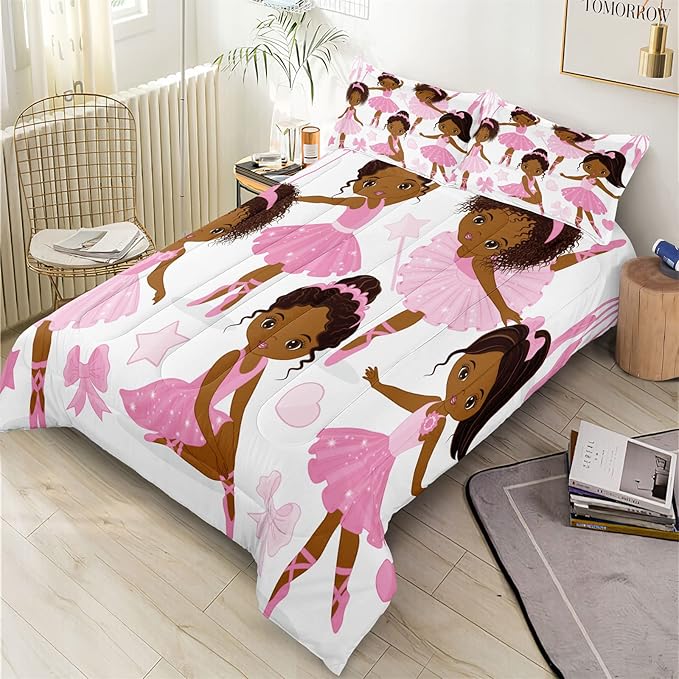 Queen Bedding Sets for Girls, African American Magic Comforter Set with Ballet Dancer, Pink Bed Set for Toddler Kids Teens, Little Girls Bedroom Decor - LeafyLoom