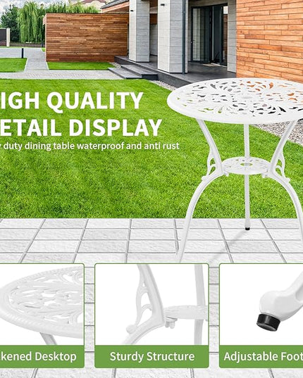 Patio Bistro Set 3 Piece Cast Aluminum Outdoor Bistro Set, Rust Resistance Bistro Table and Chairs of 2 with Umbrella Hole, Small Patio Set for Garden Outside, White - LeafyLoom