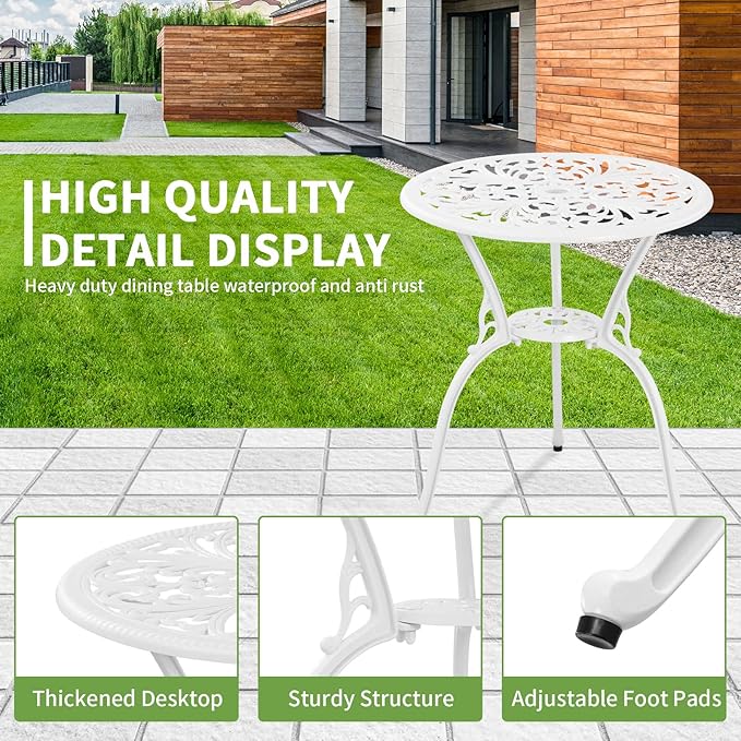 Patio Bistro Set 3 Piece Cast Aluminum Outdoor Bistro Set, Rust Resistance Bistro Table and Chairs of 2 with Umbrella Hole, Small Patio Set for Garden Outside, White - LeafyLoom