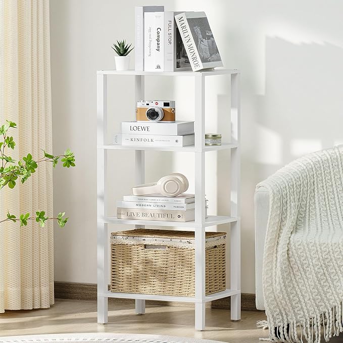 4 Tier Tall Wooden Bookshelf with Storage, Narrow Bookcase for Small Space, Small Book Shelf for Living Room, Office, Bedroom, Kitchen, Industrial, White - LeafyLoom