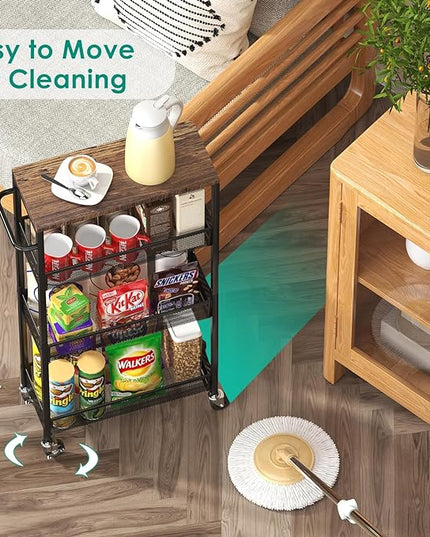 Slim Storage Cart 4 Tier Narrow Kitchen Rolling Cart on Wheels for Small Space, Mobile Utility Cart Shelving Unit with Wooden Top and Metal Handle for Kitchen, Bathroom, Laundry Room - LeafyLoom